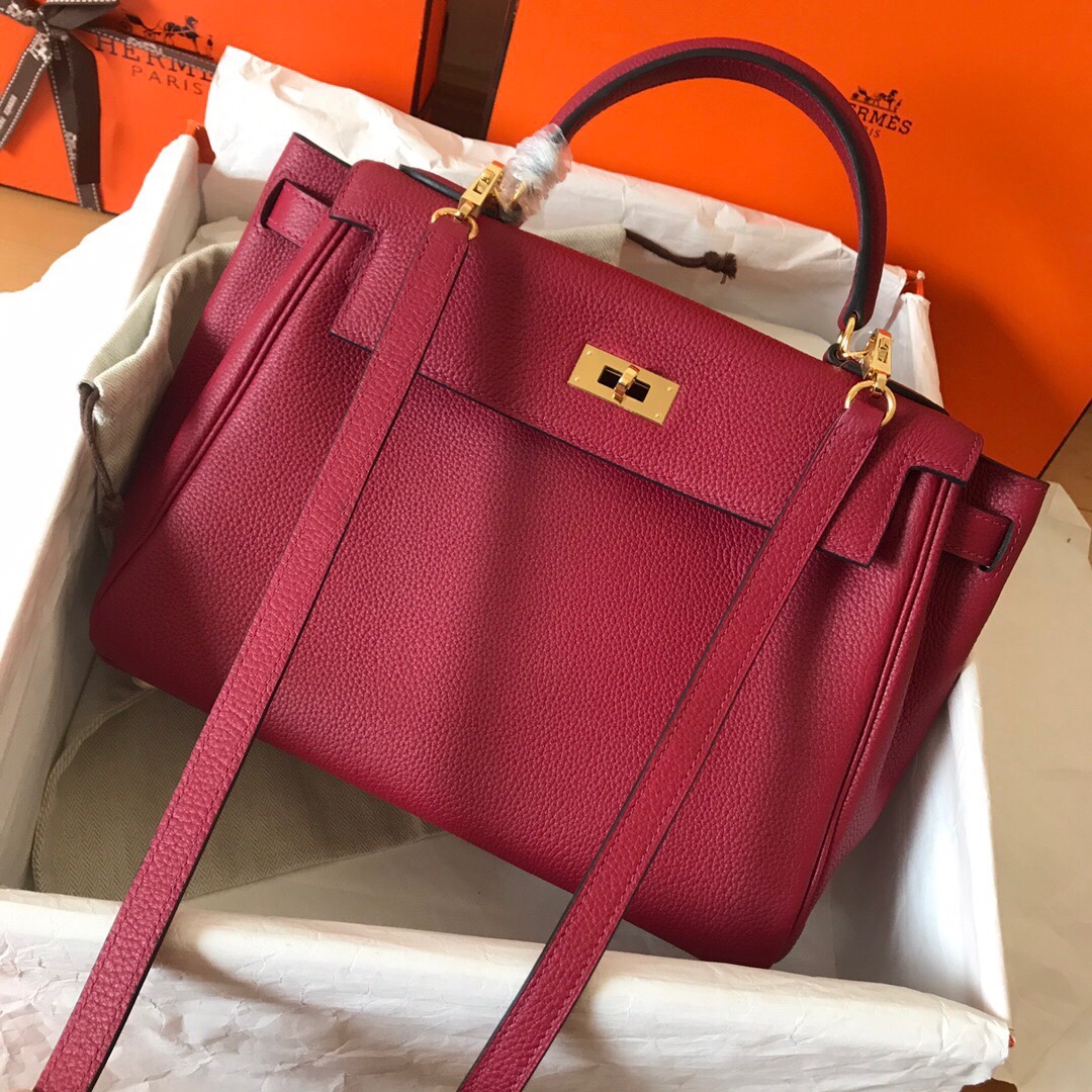 Hermes Kelly 25cm Handbag Shoulder Bag in Burgundy Togo Leather